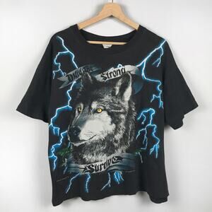 Vintage American Thunder Wolf Only the Strong Survive T Shirt Tee Distressed AOP